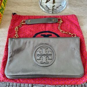 Tory Burch Metallic Silver Leather Fold-Over Clutch with Gold Chain